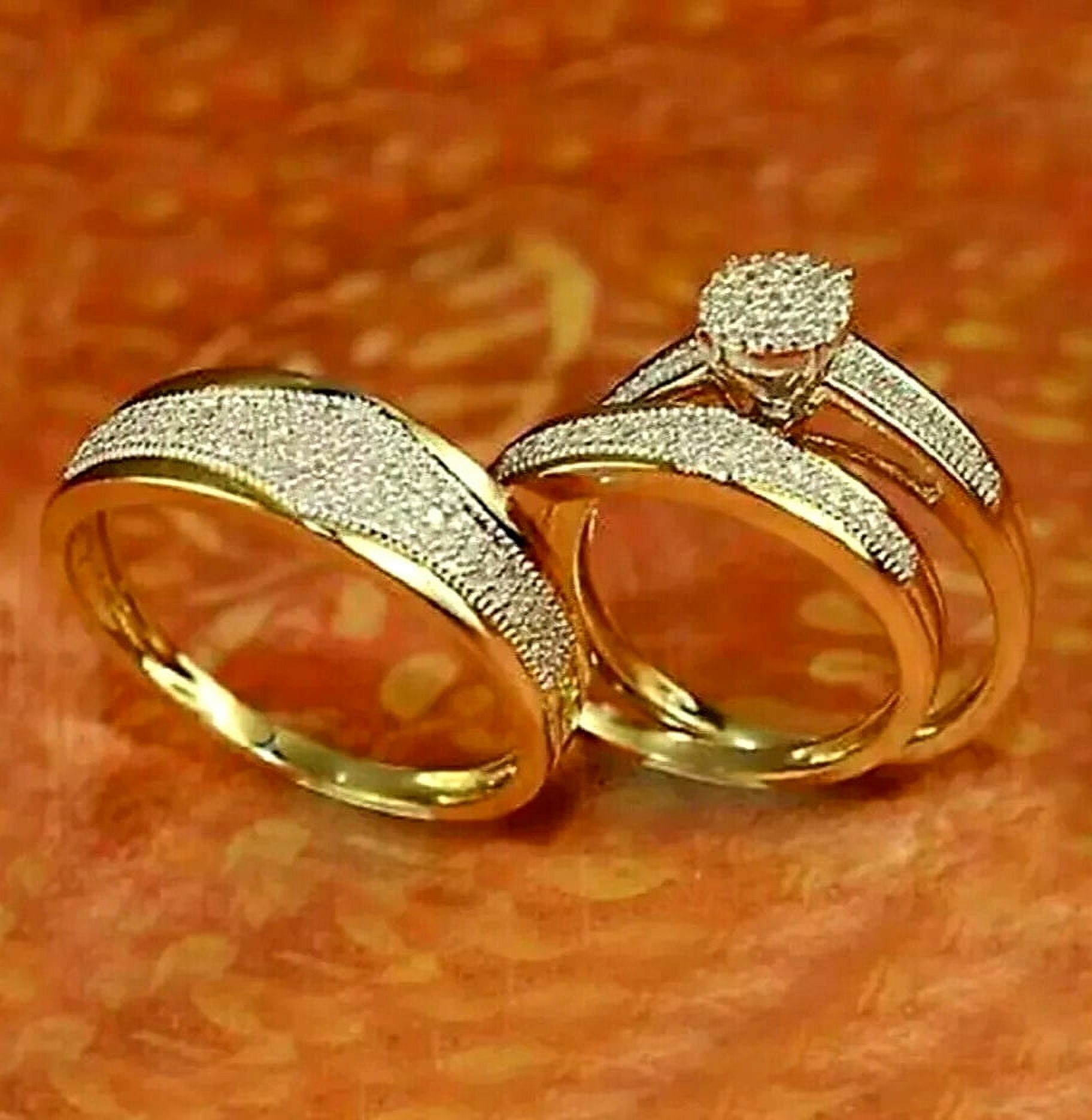 Engagement Wedding Trio Ring Set For Men \u0026 Women - His \u0026 Her White Round Diamond Trio Band Rings - 14k Yellow Gold Plated Couple Ring